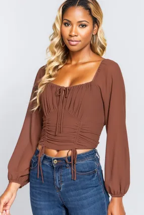 Front Tied Ruched Detail Long Sleeve Top