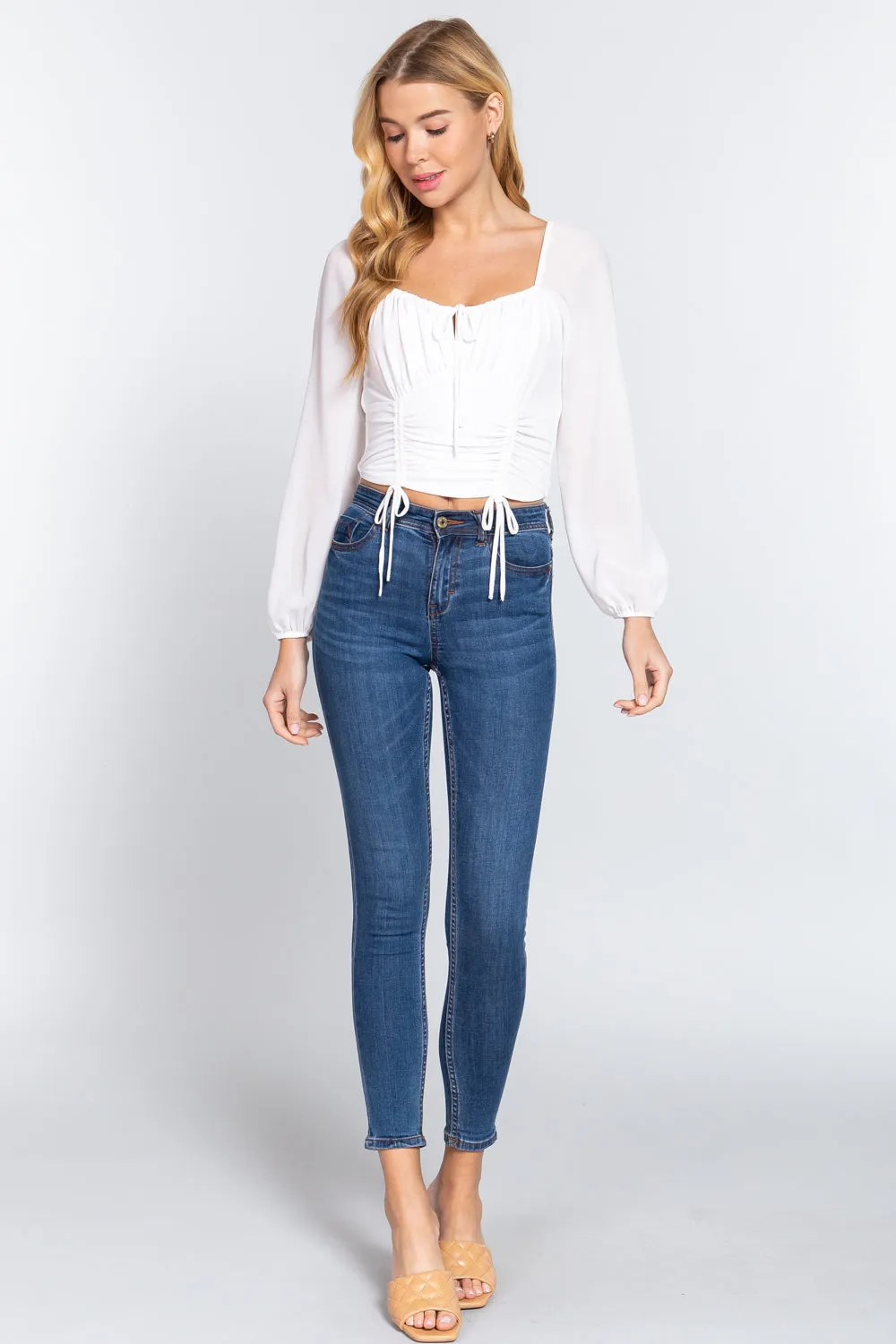 Front Tied Ruched Detail Long Sleeve Top