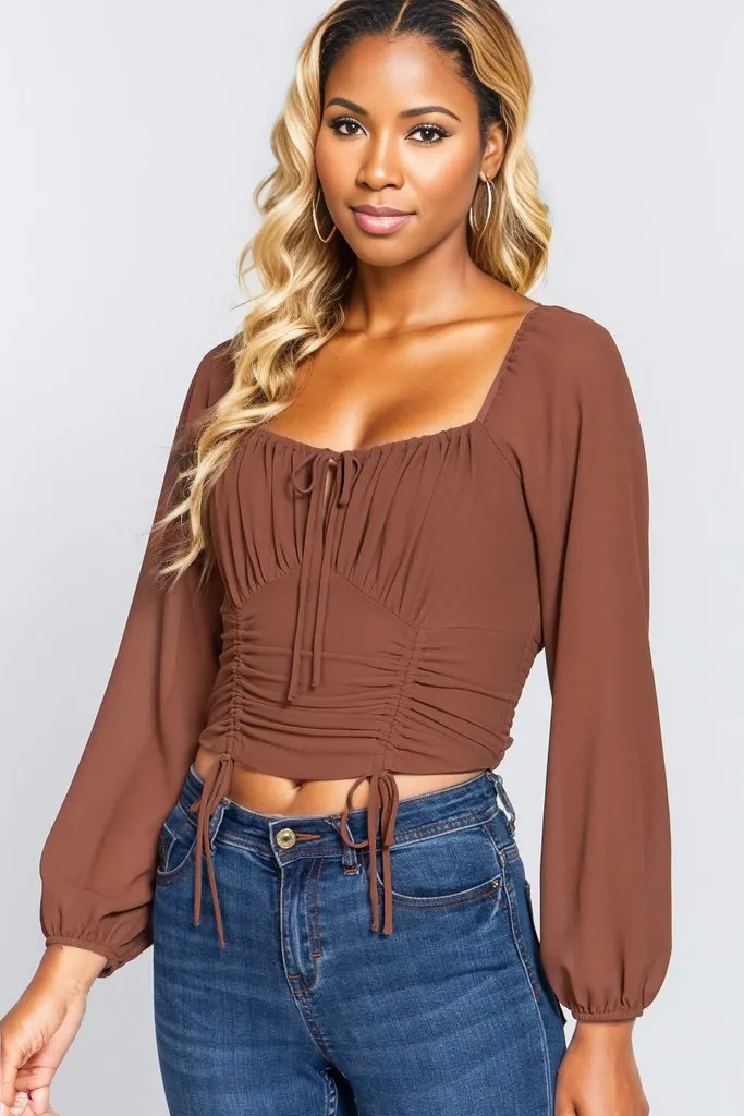 Front Tied Ruched Detail Long Sleeve Top