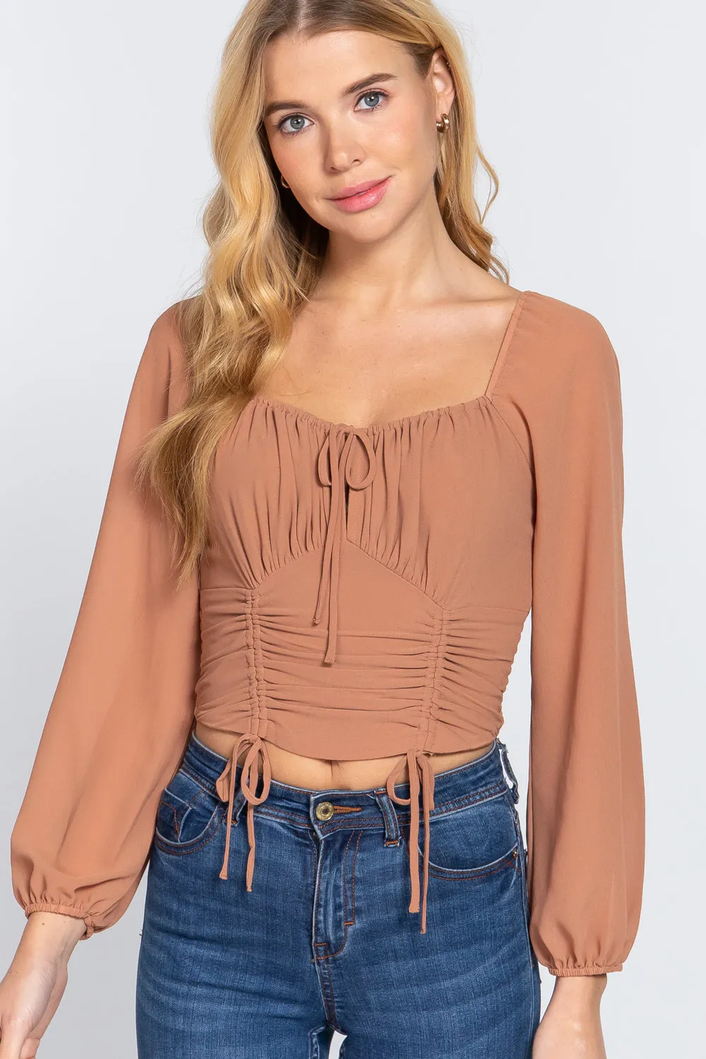 Front Tied Ruched Detail Long Sleeve Top