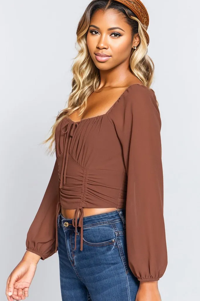 Front Tied Ruched Detail Long Sleeve Top