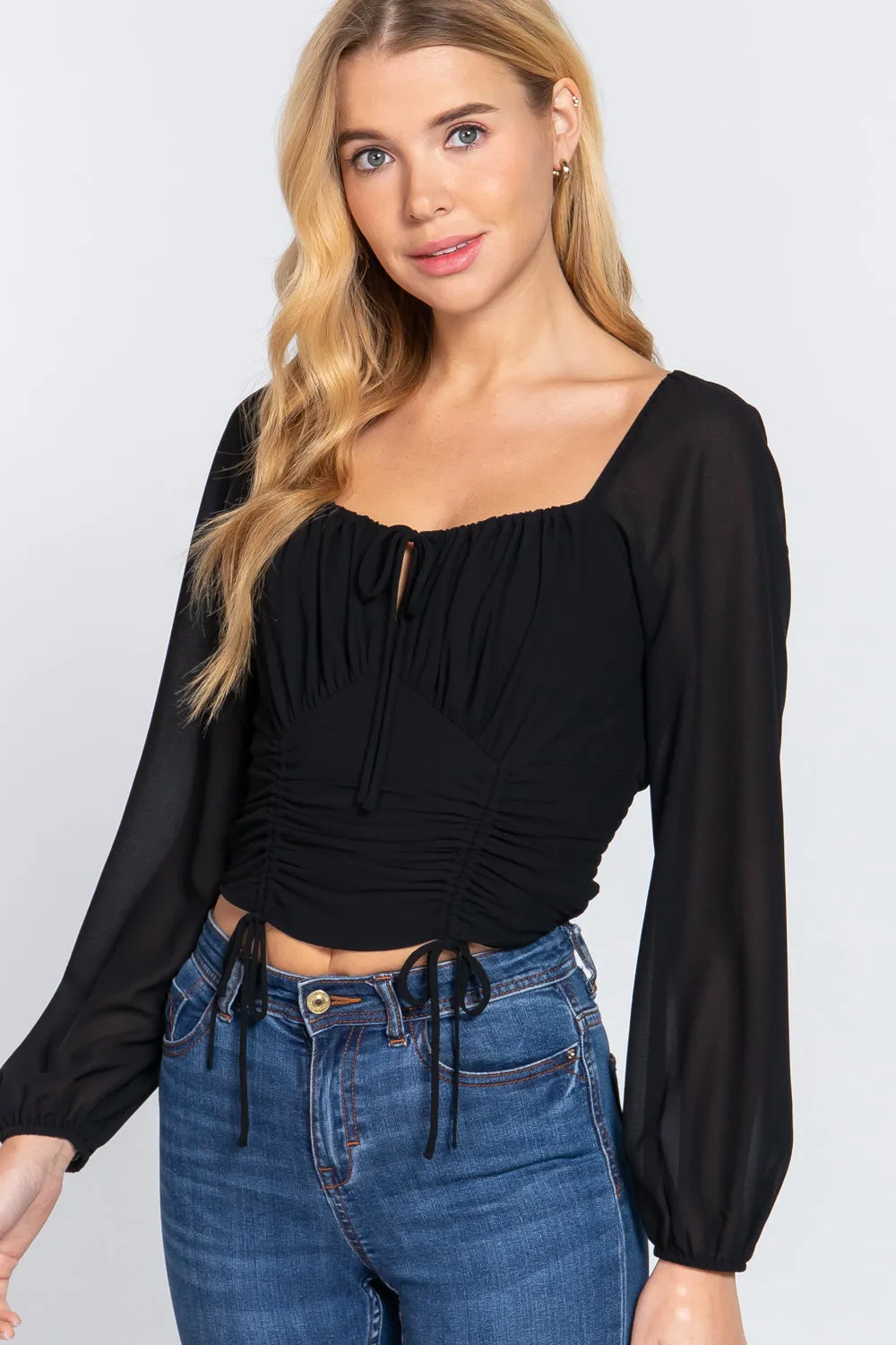 Front Tied Ruched Detail Long Sleeve Top