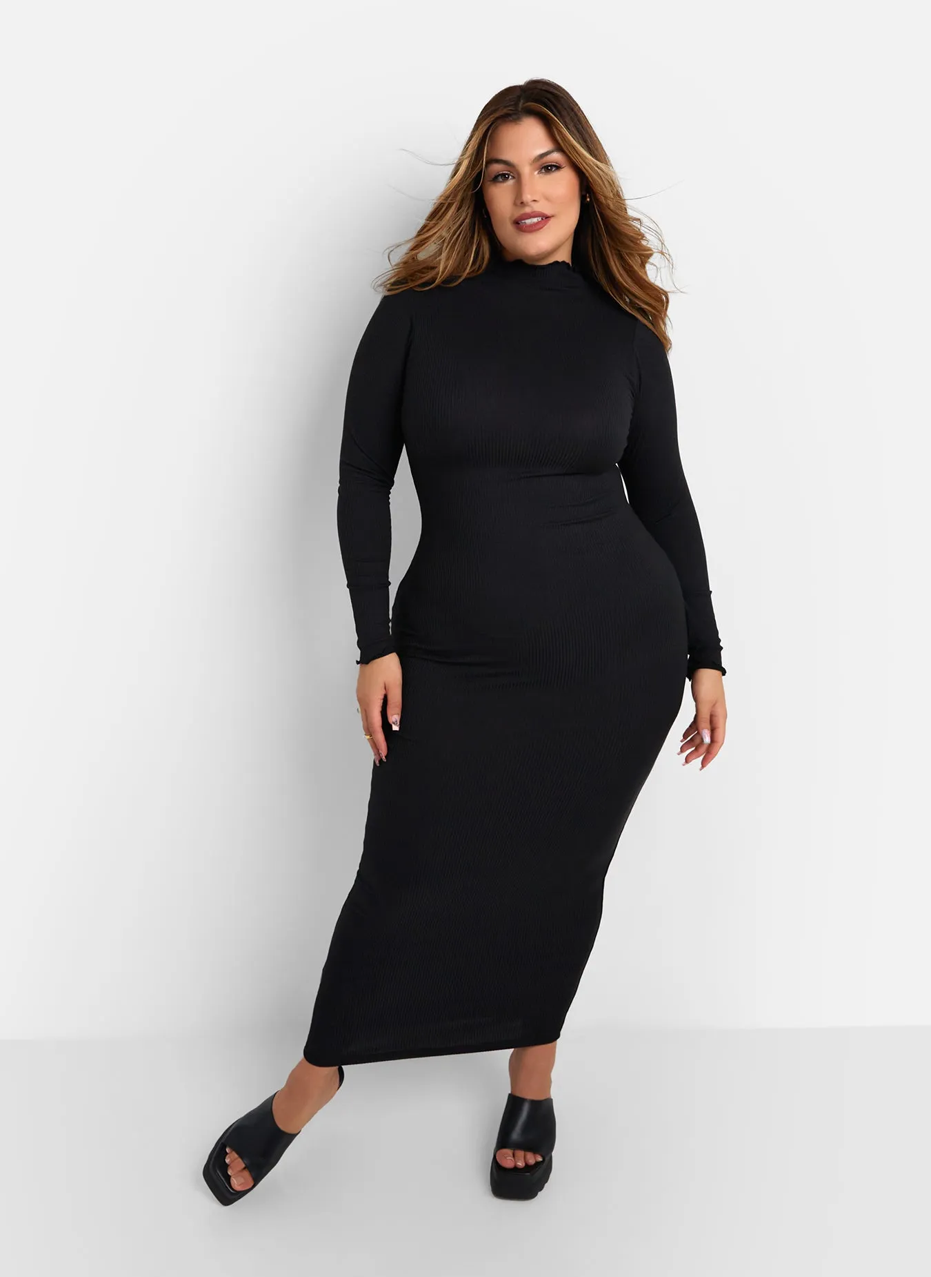 Gillian Ribbed Turtleneck Maxi Bodycon Dress - Black