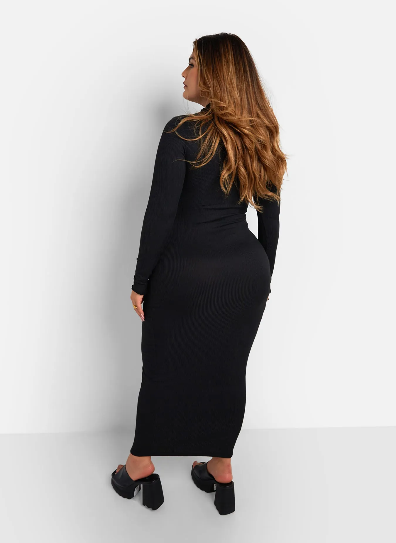 Gillian Ribbed Turtleneck Maxi Bodycon Dress - Black