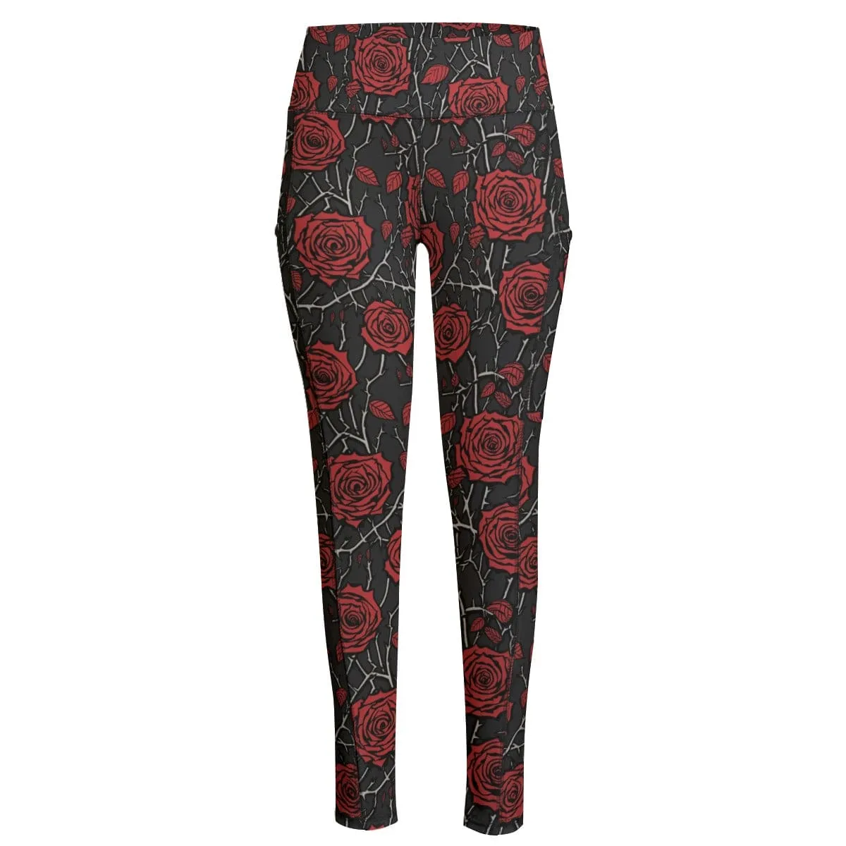 Gothic Red Roses Functional Women's Yoga Leggings With Side Pockets