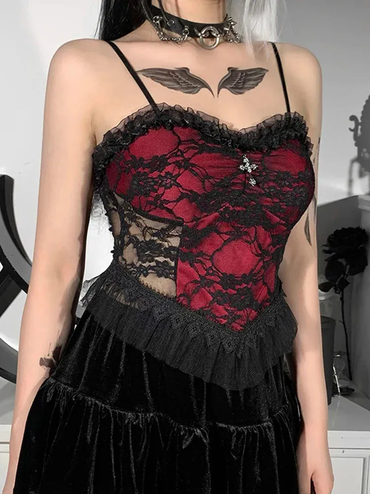 Gothic Vintage Through Lace Zipper Crop Aesthetic Patchwork See Backless Y2K Top