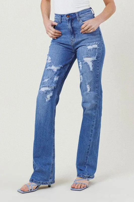 High Rise Distressed Straight Leg