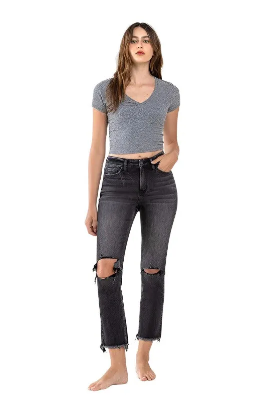 High Rise Stretch Distressed Crop Slim Straight