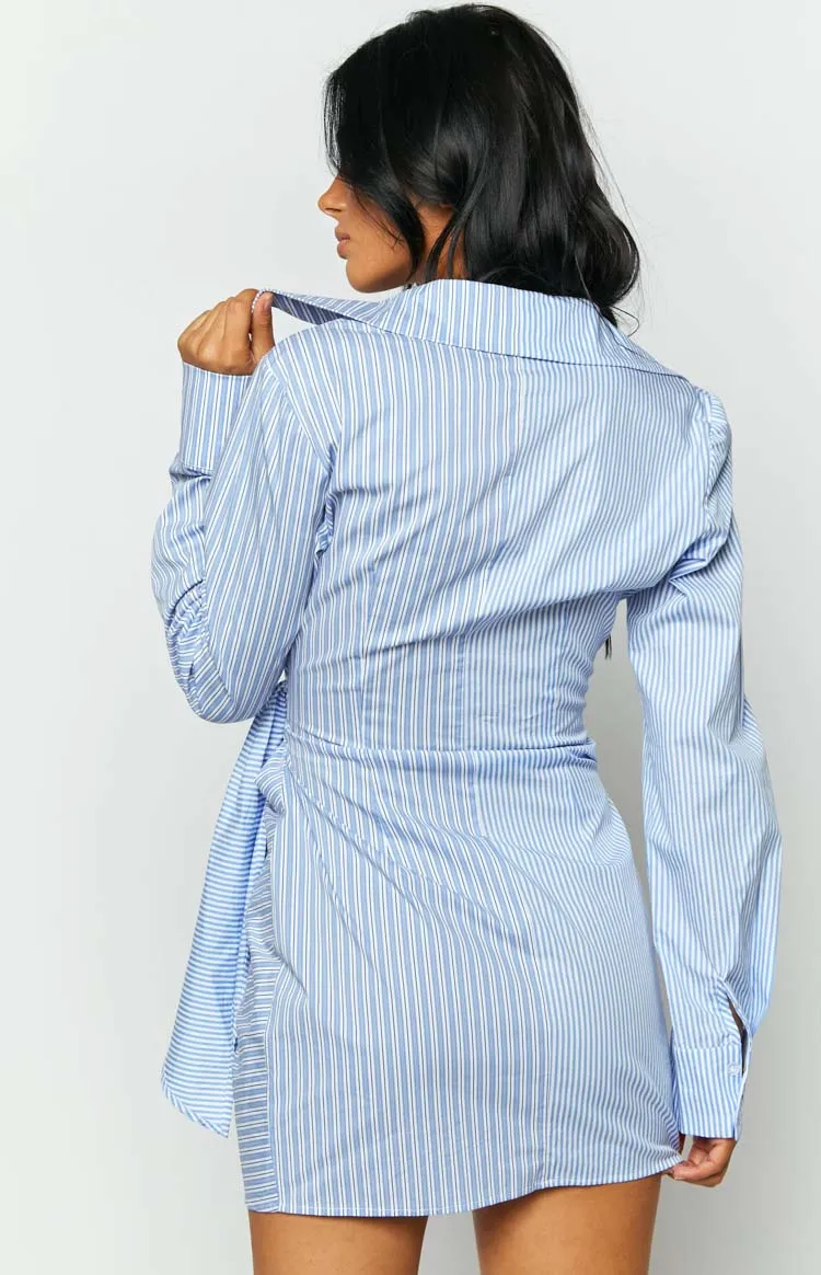 Holly Blue Stripe Tie Up Shirt Mini Dress