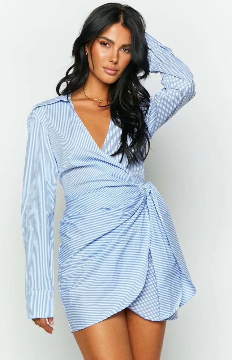 Holly Blue Stripe Tie Up Shirt Mini Dress