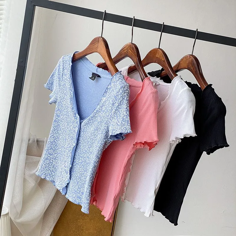 Knitted Short Sleeve Button Down Crop Top Tshirts