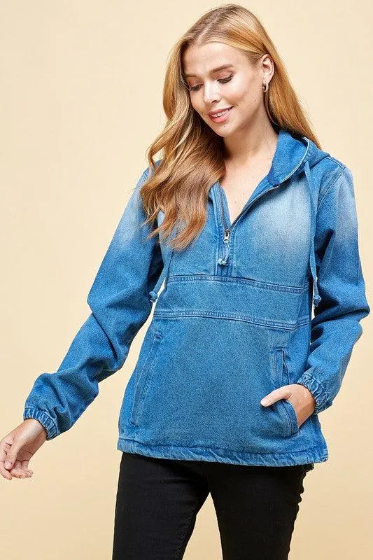 Ladies Half Zip Pullover Denim Jean Jacket with Hood