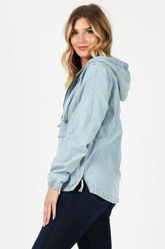 Ladies Half Zip Pullover Denim Jean Jacket with Hood