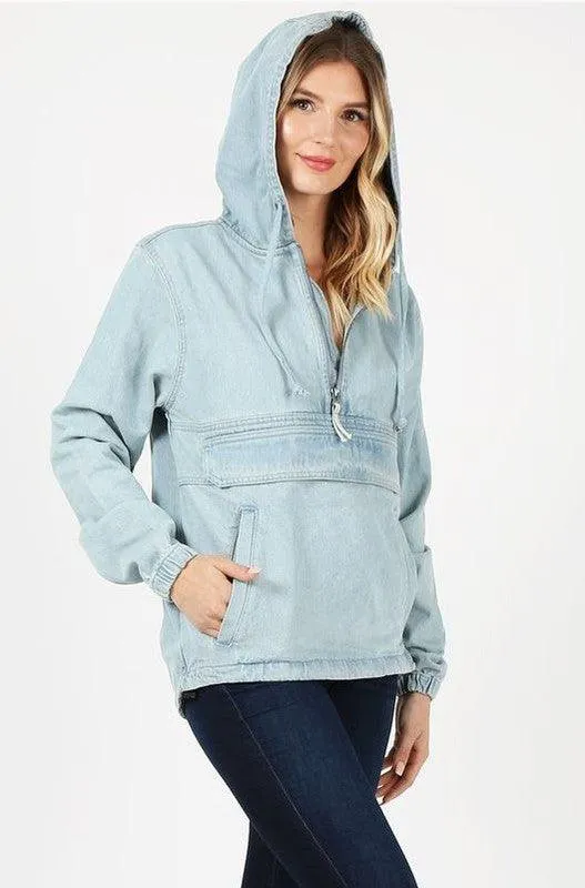 Ladies Half Zip Pullover Denim Jean Jacket with Hood