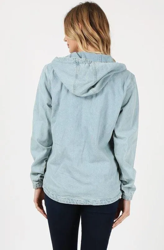 Ladies Half Zip Pullover Denim Jean Jacket with Hood