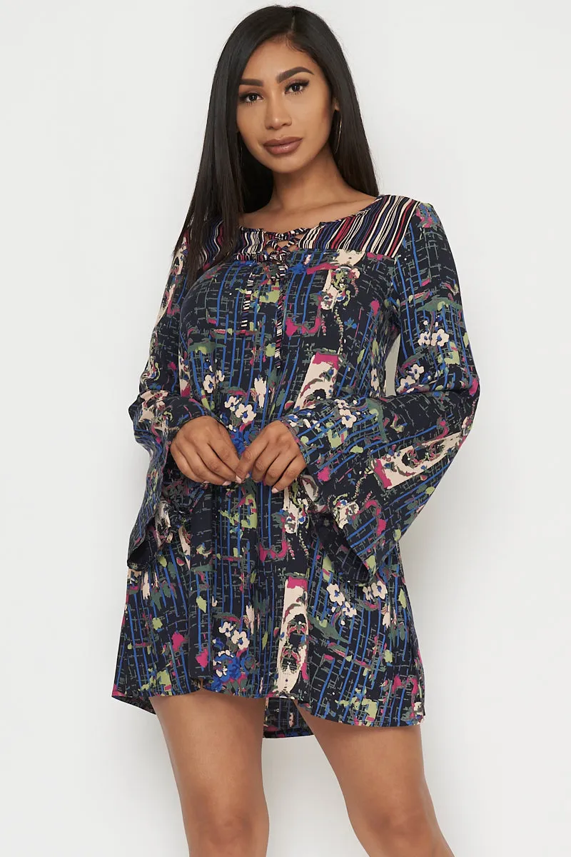 'Make a Splash' Multi Color Long Bell Sleeve Mini Dress (LD40837)