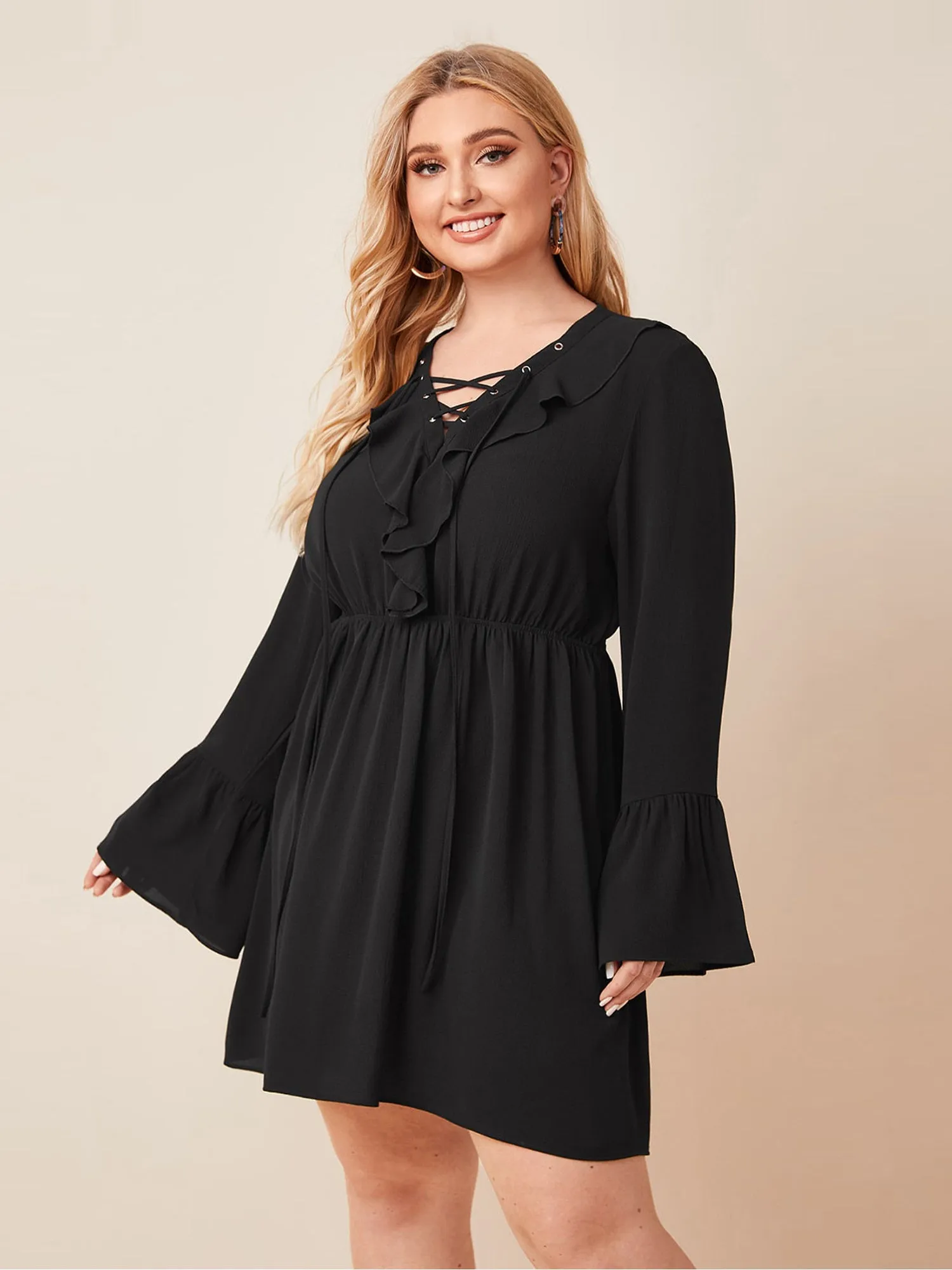 Midsize Ruffle Lace-up Flared Sleeve Dress