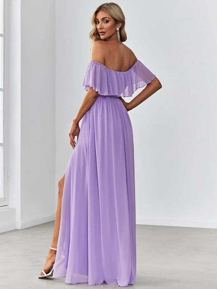 Off Shoulder Chiffon Maxi Bridesmaid Dresses with Side Split