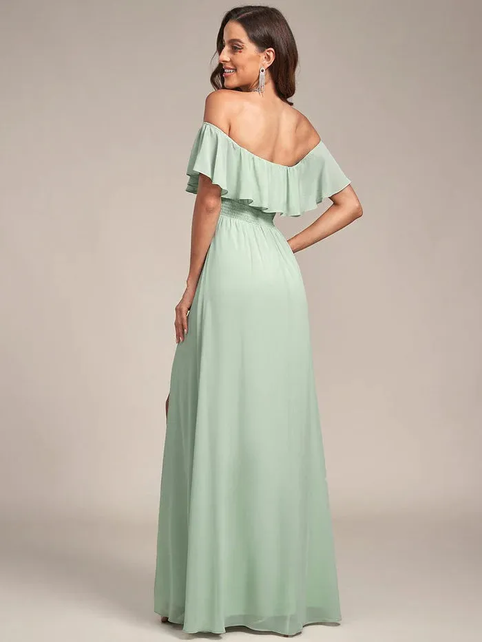 Off Shoulder Chiffon Maxi Bridesmaid Dresses with Side Split