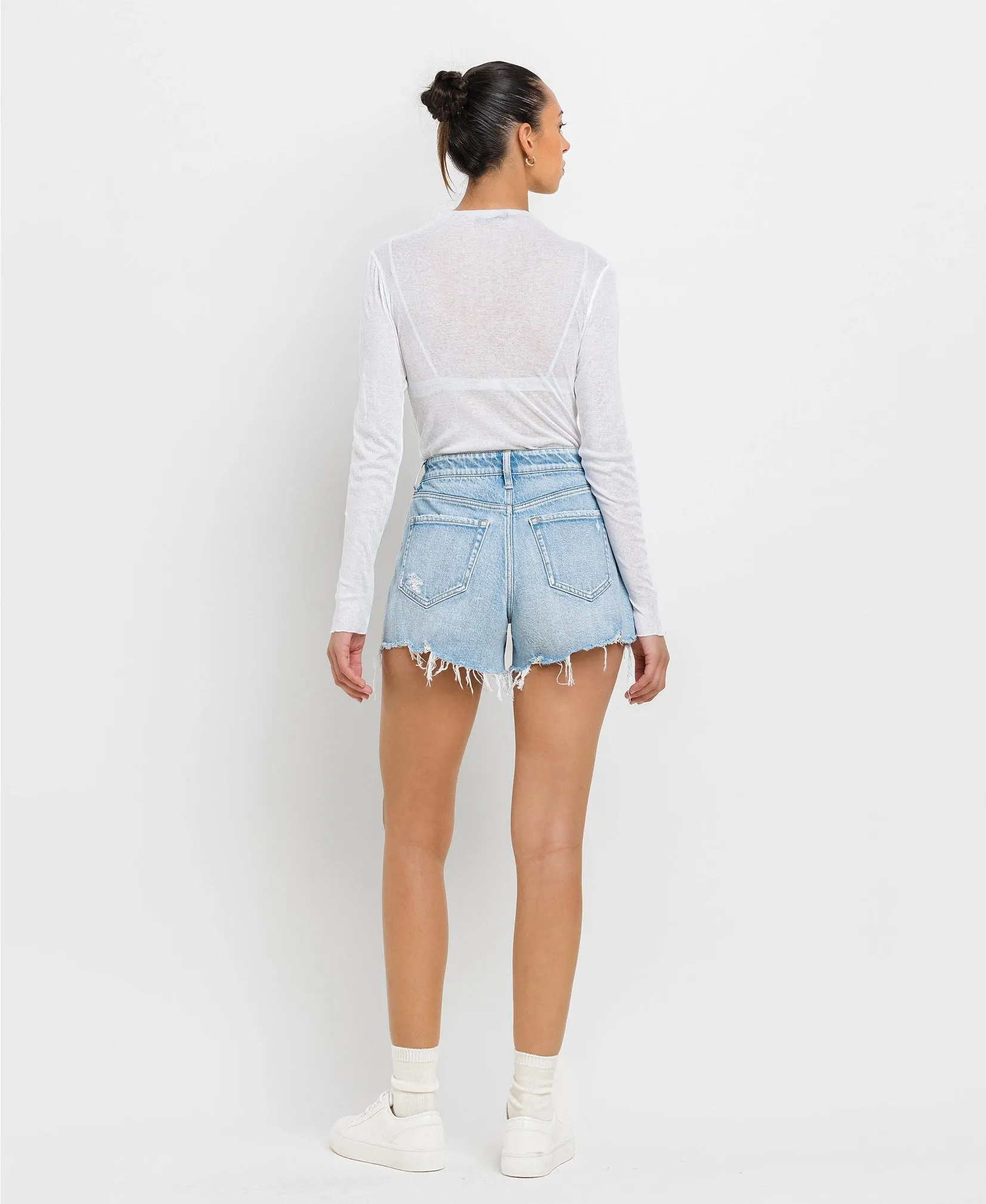 River High Rise Distressed Hem Shorts