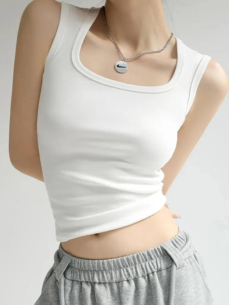 Solid U Neck Ribbed Camisole Crop Top for Women