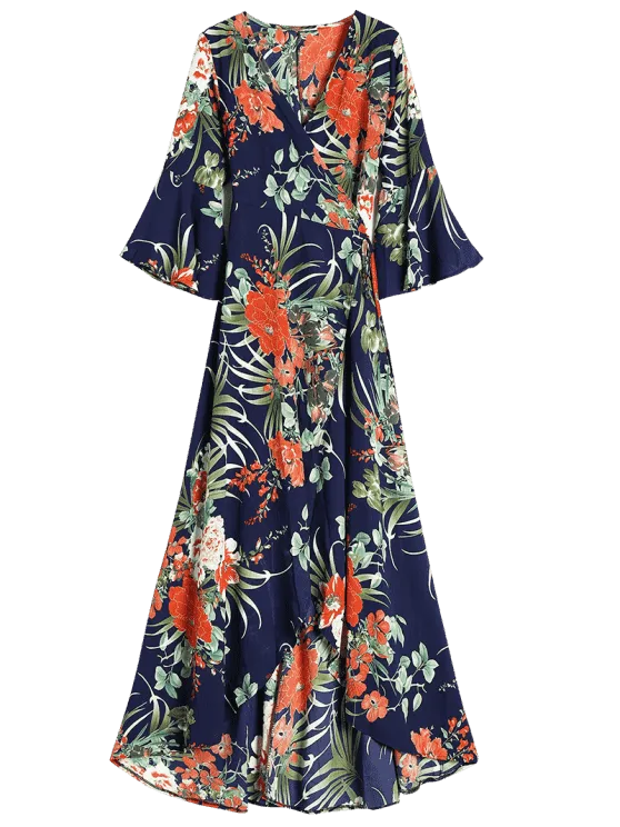 TastyHottie - Stunning Slit Tropical Print Maxi Wrap Dress