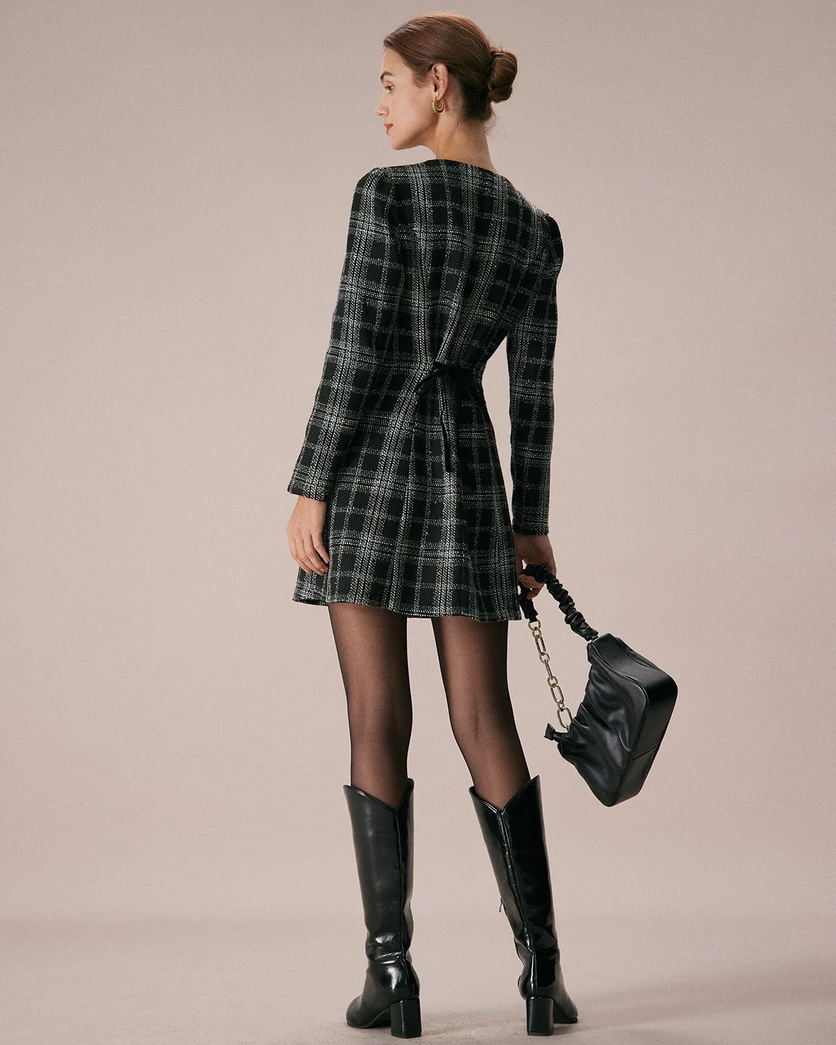 The Black Crew Neck Plaid A-Line Mini Dress