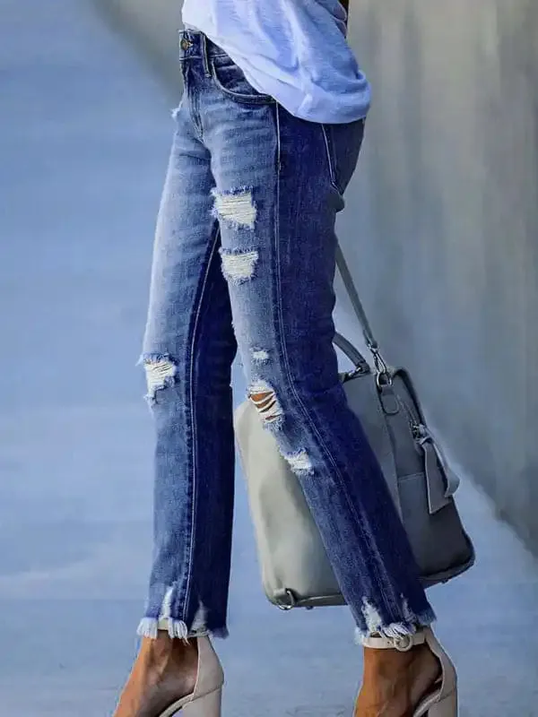 Washed Frayed Tassel Jeans Slim High Elastic Small Feet Trousers