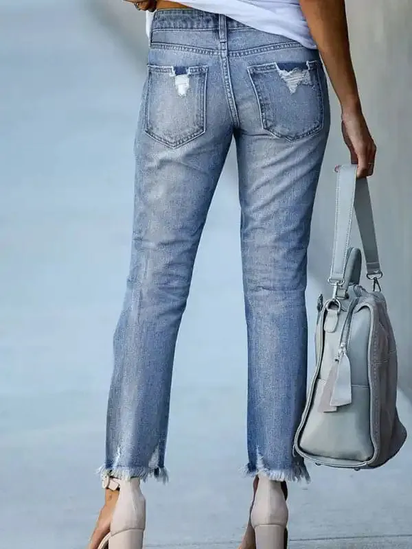 Washed Frayed Tassel Jeans Slim High Elastic Small Feet Trousers