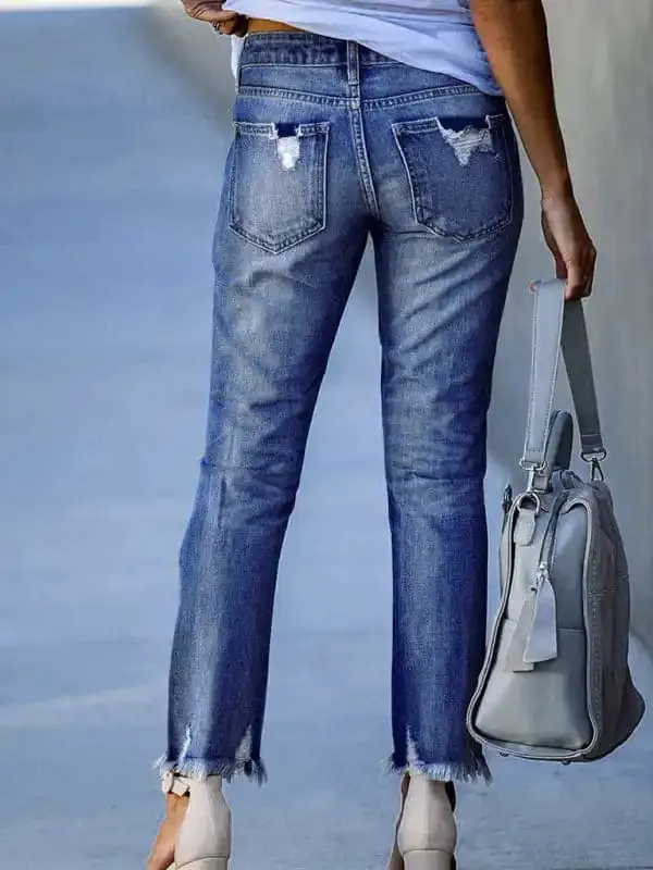 Washed Frayed Tassel Jeans Slim High Elastic Small Feet Trousers