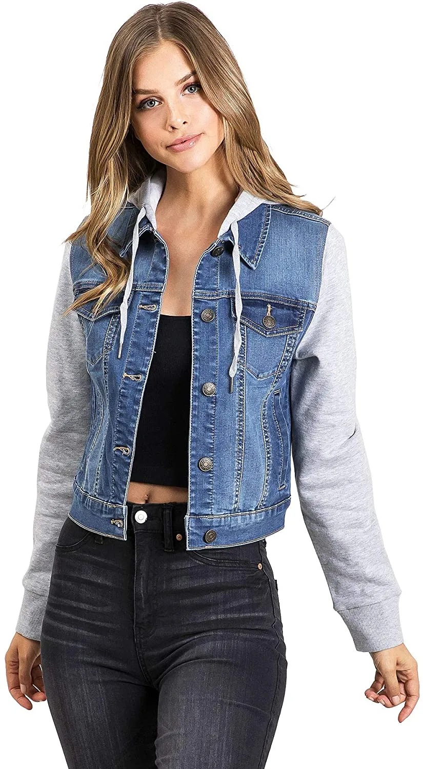 Wax Jeans Women's Fleece Sleeve and Hood Denim Jacket