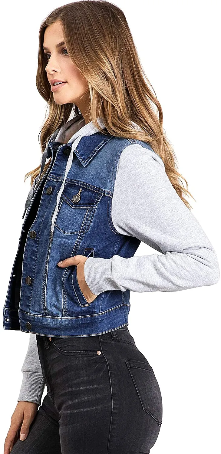 Wax Jeans Women's Fleece Sleeve and Hood Denim Jacket