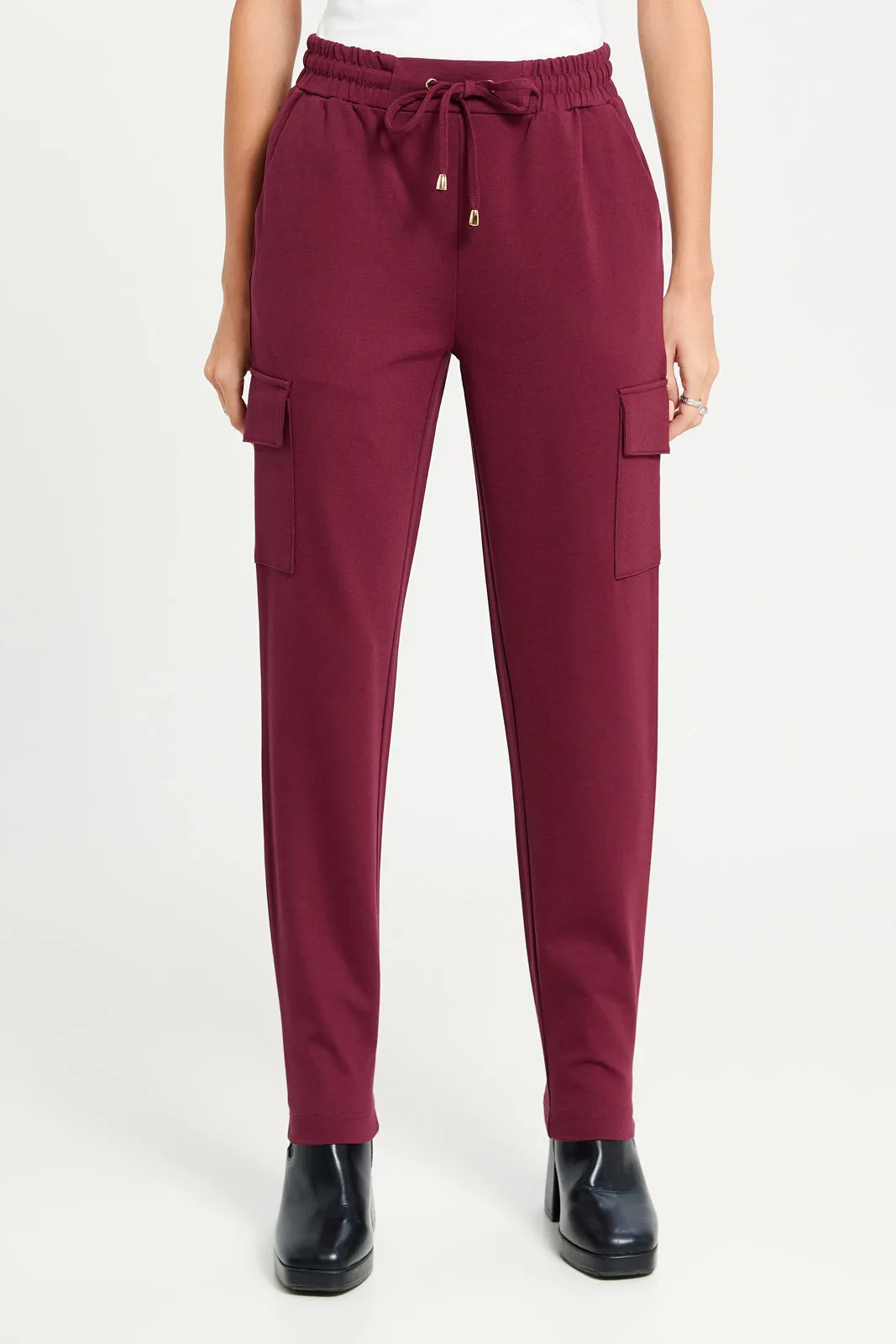 Women Burgundy Elasticated Waist Leggings