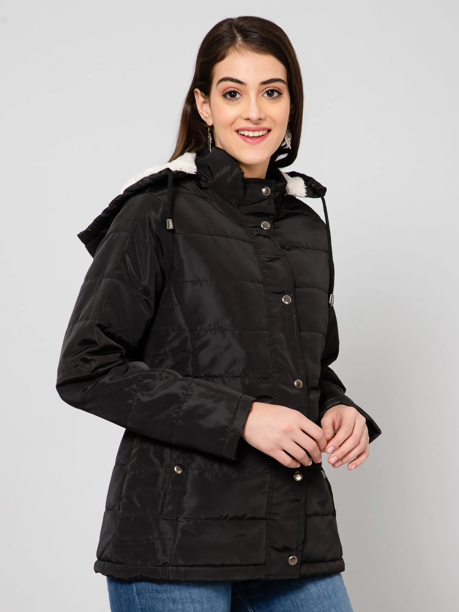 Women's Casual  Black Quilted Detachable Hood lined with Soft Faux Fur Jacket