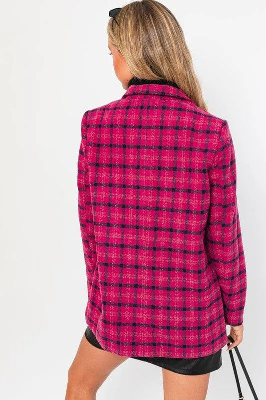 Womens Fuchsia Plaid Single Button Blazer Jacket