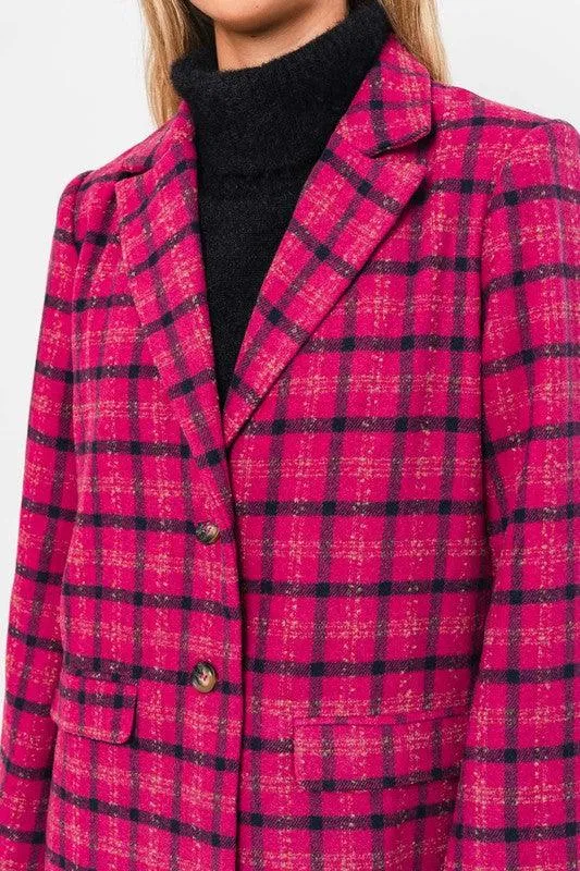 Womens Fuchsia Plaid Single Button Blazer Jacket