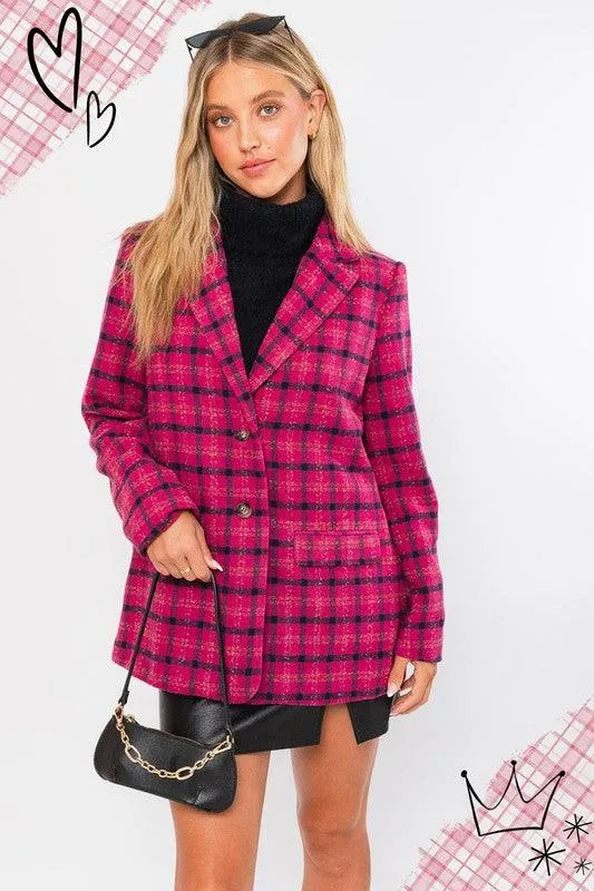 Womens Fuchsia Plaid Single Button Blazer Jacket