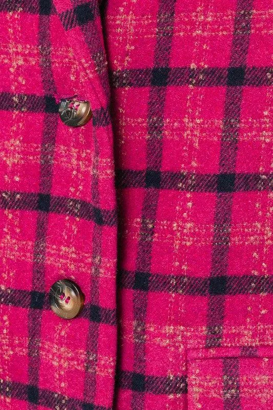 Womens Fuchsia Plaid Single Button Blazer Jacket