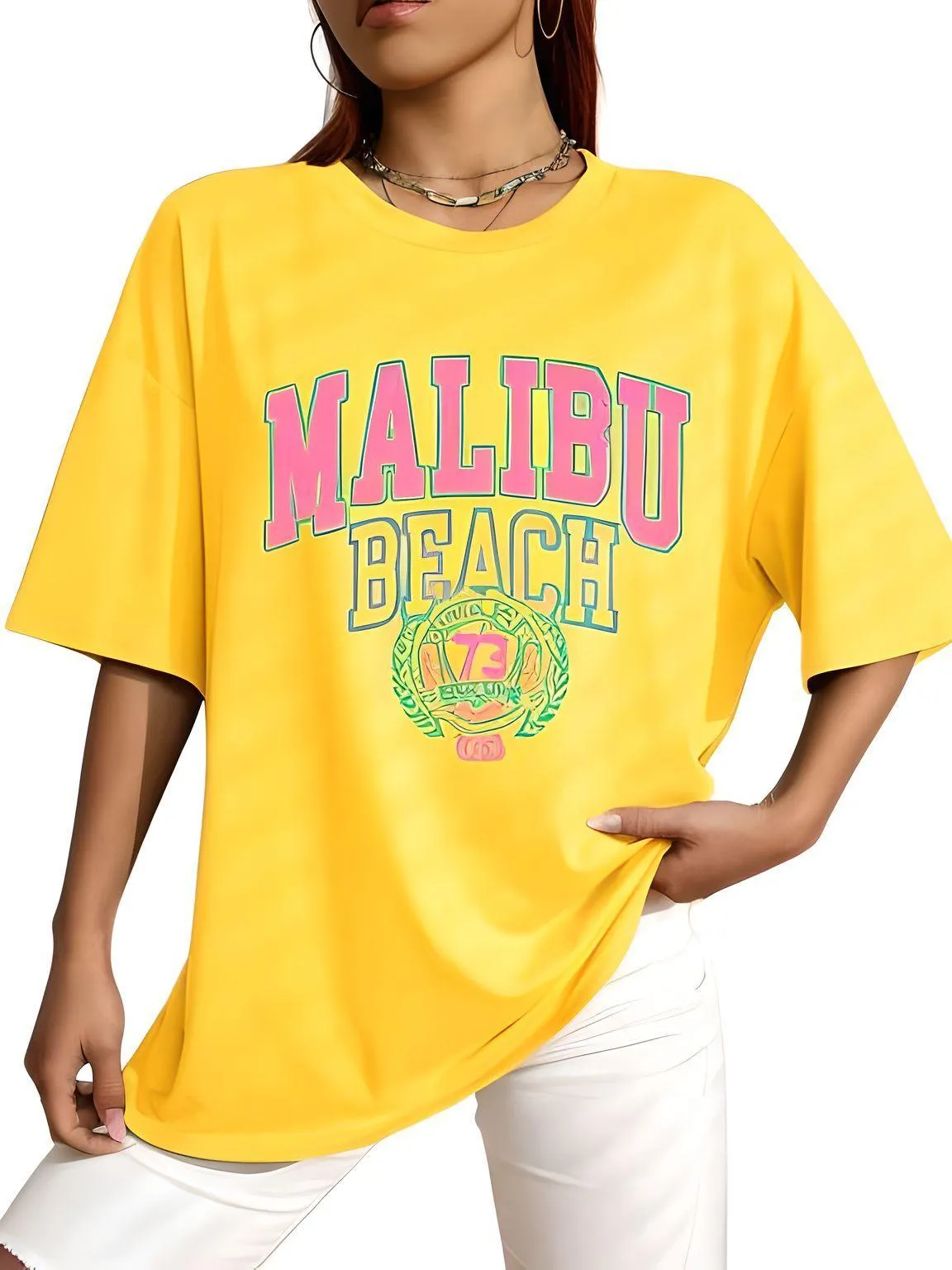 Women's Malibu Beach T-Shirt Cotton Washed Print Tee Shirt Fashion Loose Tops Casual Female Clothes