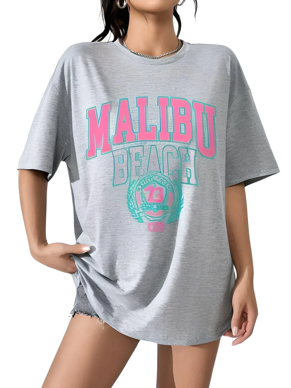 Women's Malibu Beach T-Shirt Cotton Washed Print Tee Shirt Fashion Loose Tops Casual Female Clothes