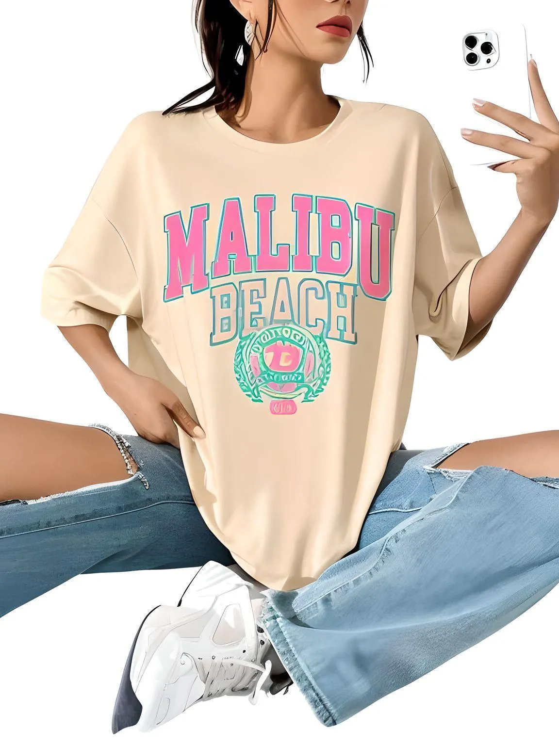 Women's Malibu Beach T-Shirt Cotton Washed Print Tee Shirt Fashion Loose Tops Casual Female Clothes