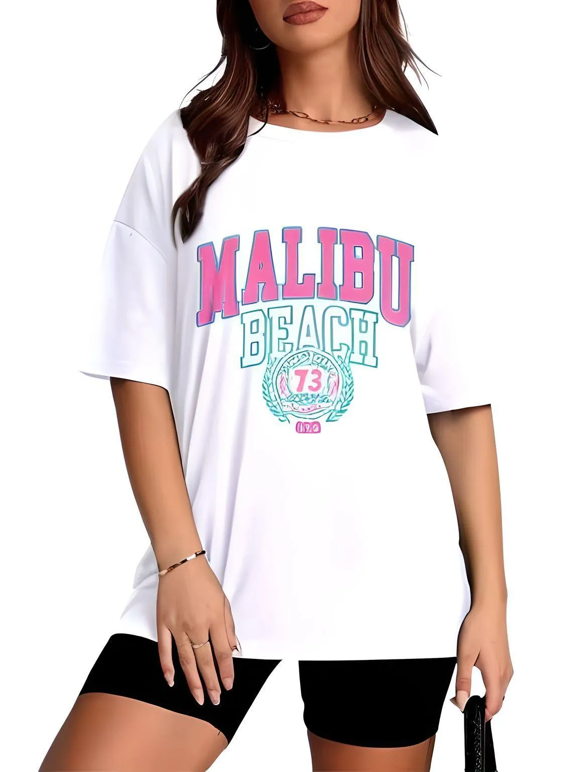 Women's Malibu Beach T-Shirt Cotton Washed Print Tee Shirt Fashion Loose Tops Casual Female Clothes