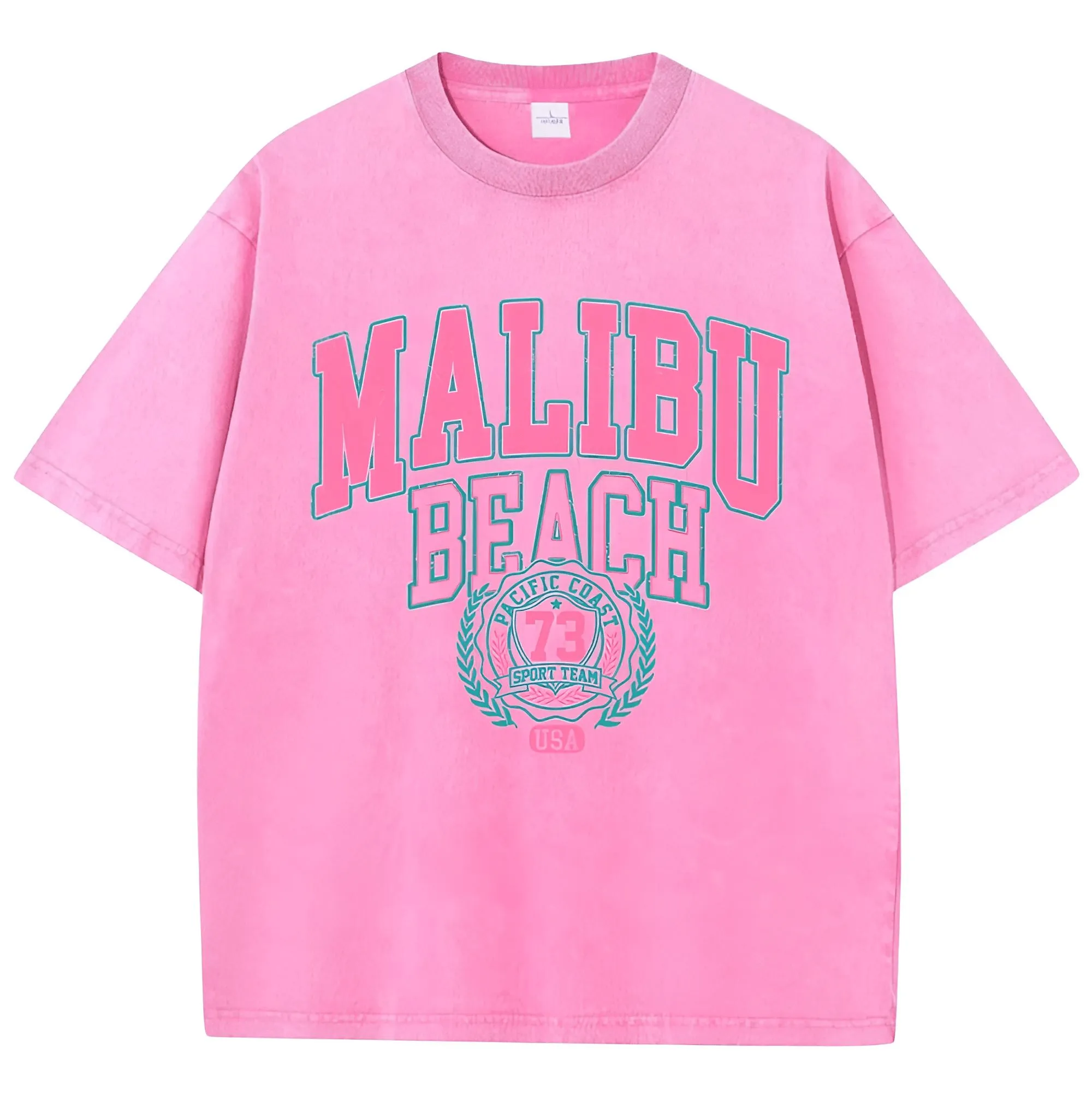 Women's Malibu Beach T-Shirt Cotton Washed Print Tee Shirt Fashion Loose Tops Casual Female Clothes