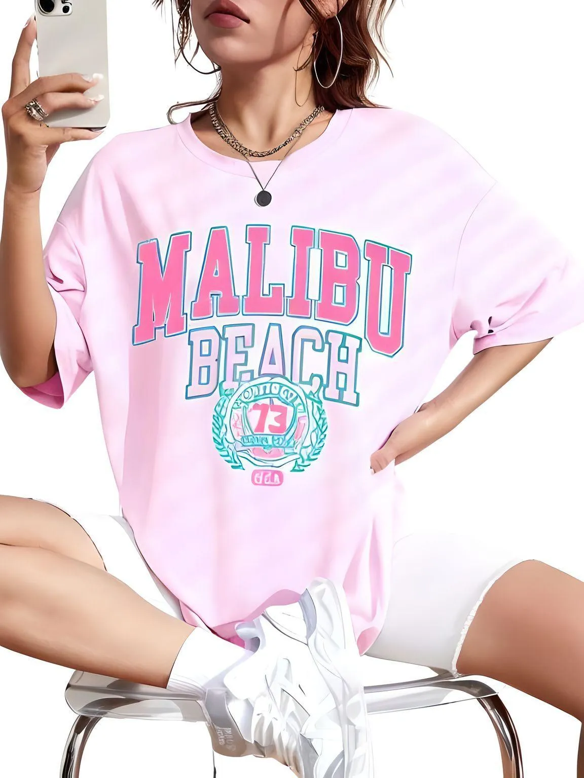 Women's Malibu Beach T-Shirt Cotton Washed Print Tee Shirt Fashion Loose Tops Casual Female Clothes