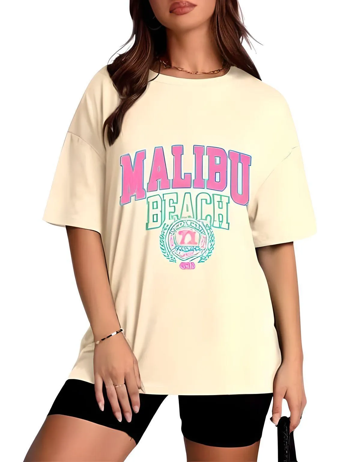 Women's Malibu Beach T-Shirt Cotton Washed Print Tee Shirt Fashion Loose Tops Casual Female Clothes