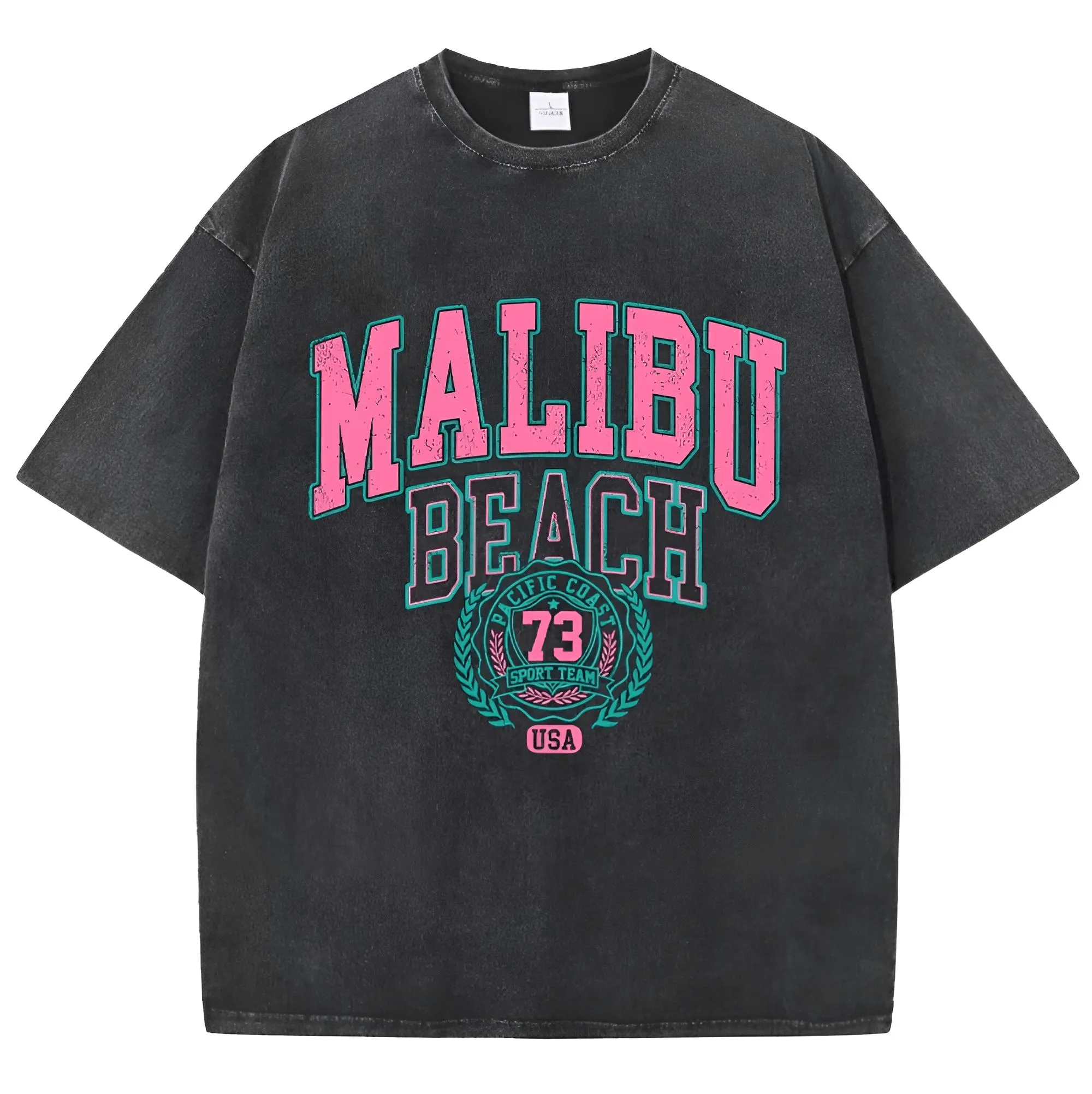 Women's Malibu Beach T-Shirt Cotton Washed Print Tee Shirt Fashion Loose Tops Casual Female Clothes