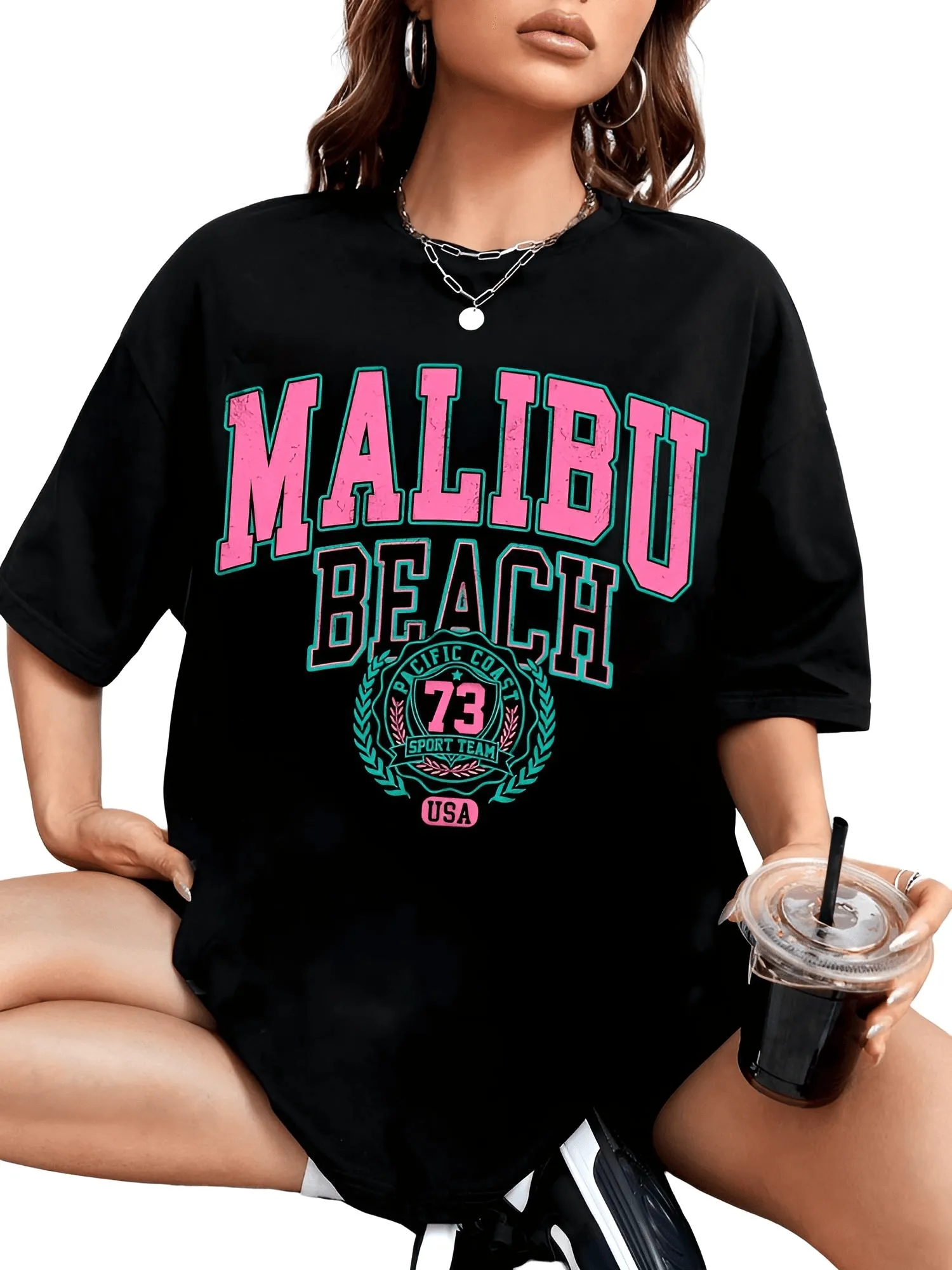 Women's Malibu Beach T-Shirt Cotton Washed Print Tee Shirt Fashion Loose Tops Casual Female Clothes