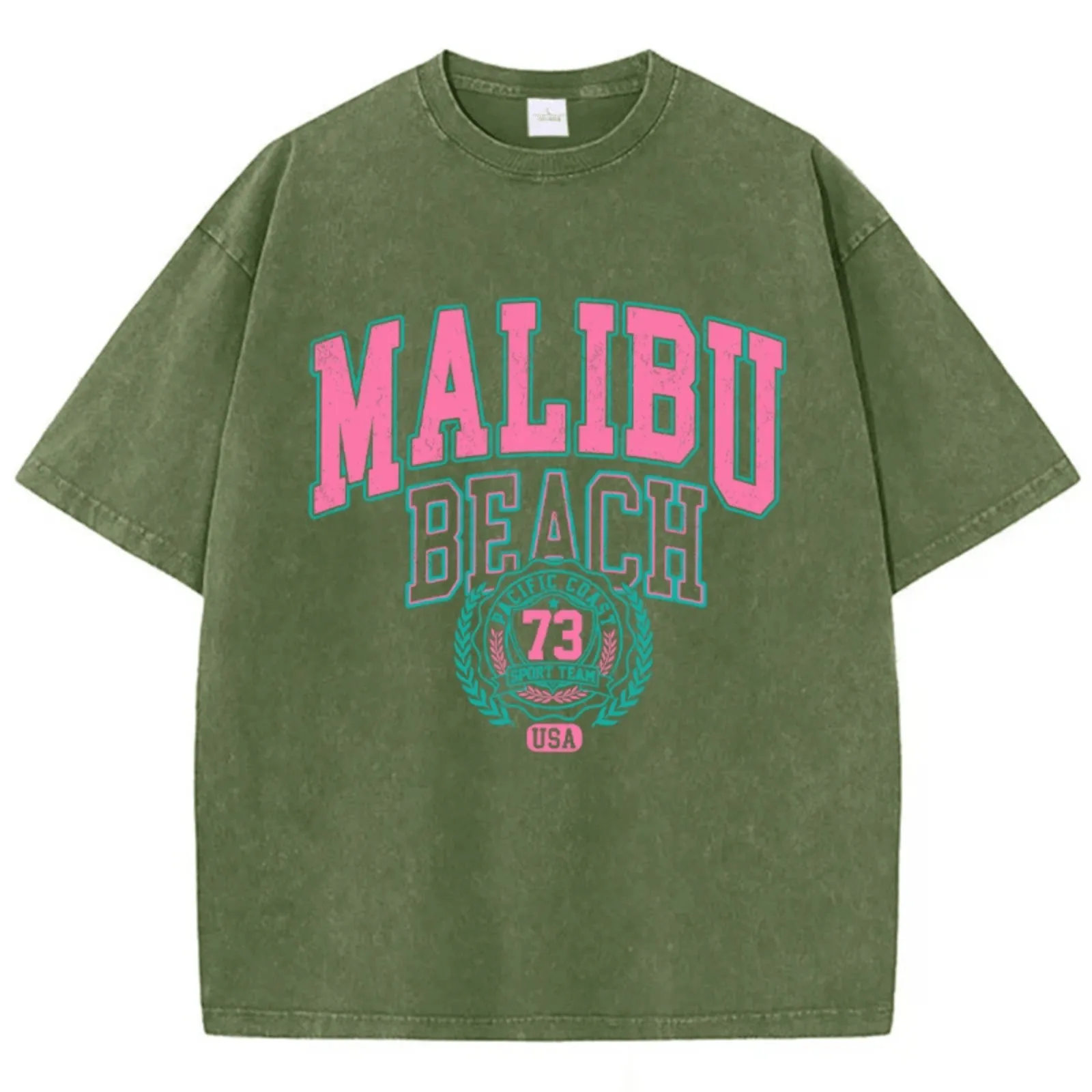 Women's Malibu Beach T-Shirt Cotton Washed Print Tee Shirt Fashion Loose Tops Casual Female Clothes