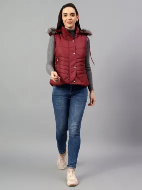 Women's Red Solid Sleeveless Winter Jacket