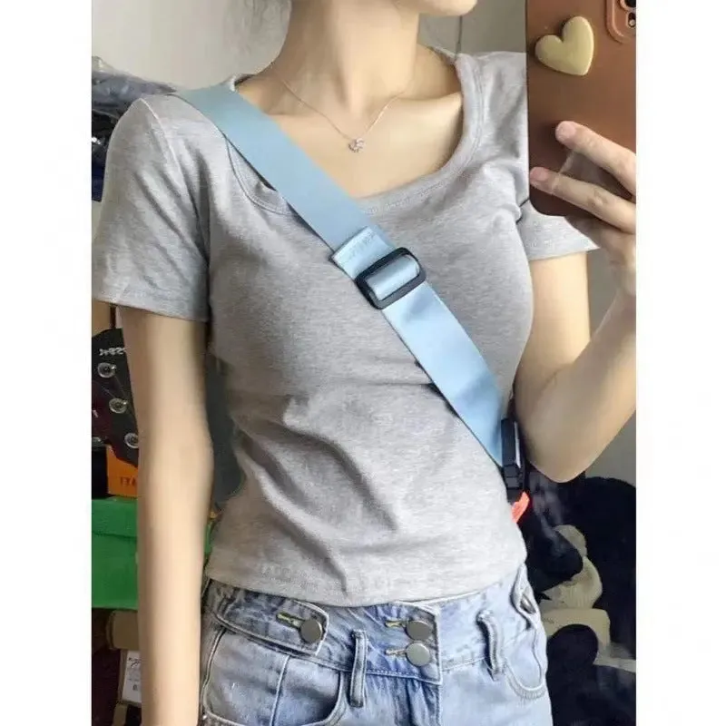 Women's Square Collar Off-the-shoulder Short-sleeved T-shirt Slim Fit Slimming